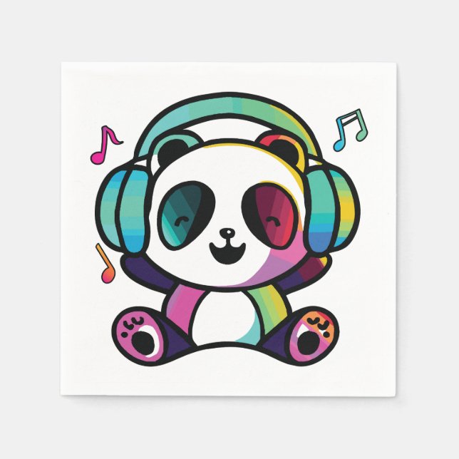 Guardanapo De Papel Feliz Panda com fones de ouvido ouvindo música. (Frente)