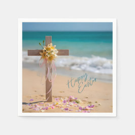 Guardanapo De Papel Feliz Páscoa Cruz de Madeira e Lírios na Praia