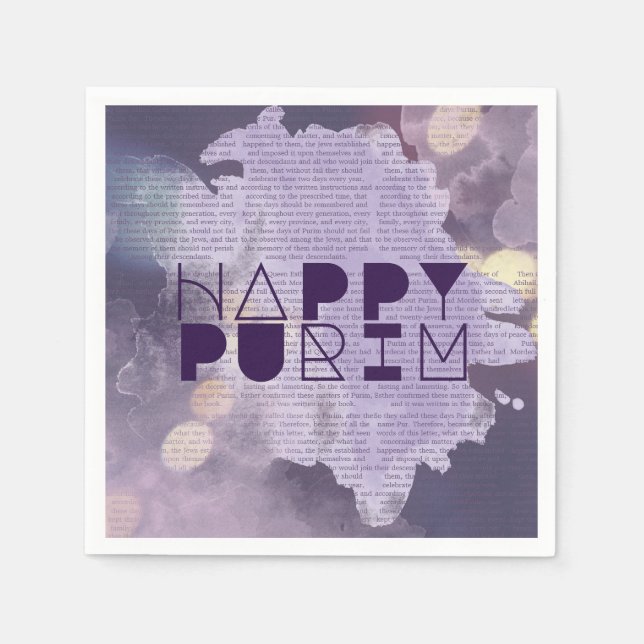 Guardanapo De Papel FELIZ PURIM em Púrpura com a história da Esther (Frente)