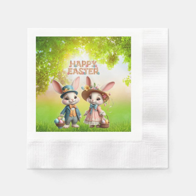 Guardanapo De Papel Felz pascoa branco, com 2 coelhos (Frente)