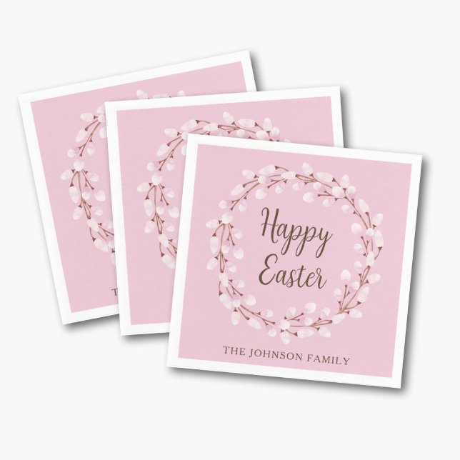 Guardanapo De Papel Felz pascoa Selvagem Rosa Elegante (Elegant Pink Pussy Willow Happy Easter Napkins)