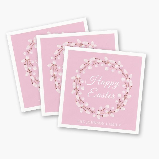 Guardanapo De Papel Felz pascoa Selvagem Rosa Elegante (Elegant Pink Pussy Willow Happy Easter Napkins)