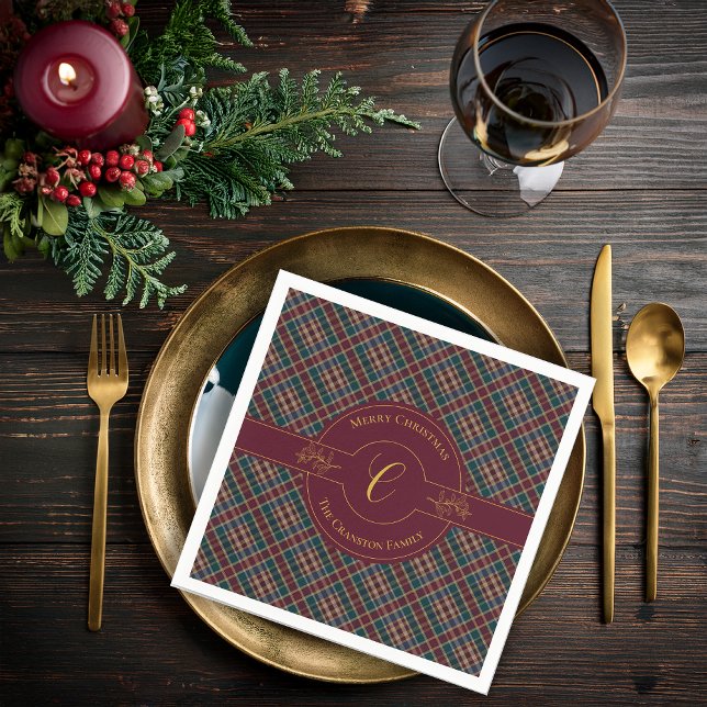 Guardanapo De Papel Feriado de Natal da Xadrez do Monograma Dourado El (Elegant Gold Monogram Holly and Berries and Rich Dark Plaid Christmas Holiday Paper Napkins)