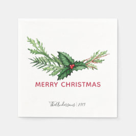 Guardanapo De Papel Feriado de Natal do Buquê Red Holly Watercolor