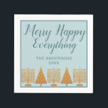 Guardanapo De Papel Feriado Dourado da Festa Interreligiosa Azul feliz<br><div class="desc">Crie seu próprio ouro falso personalizado e guardanapos de papel de falso feriado azuis pastel com este Feliz de letra de script manuscrito branco Happy All design. Colocada sobre um fundo de azul claro com uma borda fina de azul escuro, uma fileira de Hanukkah Menorahs festivos e árvores de Natal...</div>