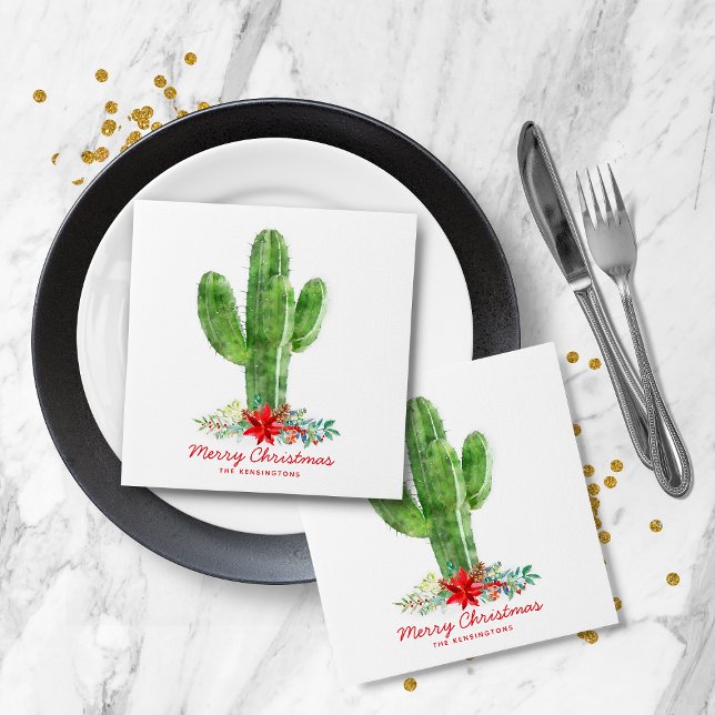 Guardanapo De Papel Feriado Russo de Natal Cactus (Rustic Christmas Cactus Holiday Floral Napkins)