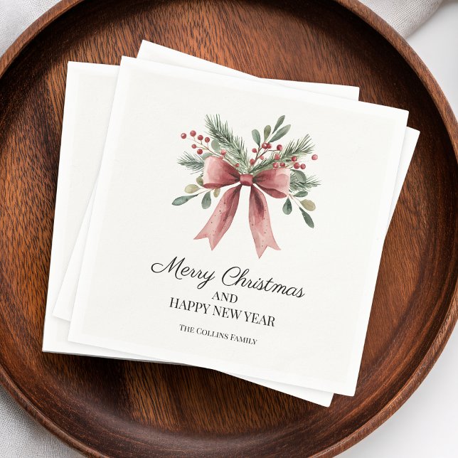 Guardanapo De Papel Feriado Simples de Holly com Arco de Fita Vermelha (Red Ribbon Bow Watercolor Simple Holly Holiday Napkins)