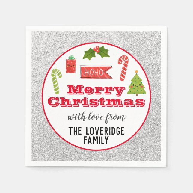 Guardanapo De Papel Férias Festivas Feliz Natal Red Silver Glitter (Frente)