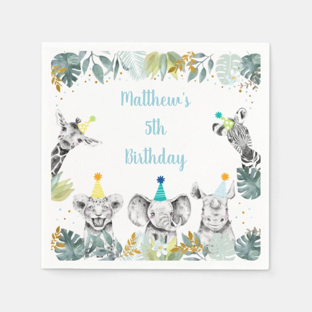 Guardanapo De Papel Festa Animal Azul Dourado Safari Aniversário (Frente)