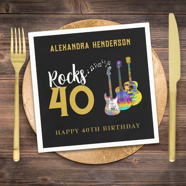 Guardanapo De Papel Festa aniversário de 40 anos de Música Violão Roch (Rock and roll black and gold 40th birthday party personalized paper napkin with funky guitars)