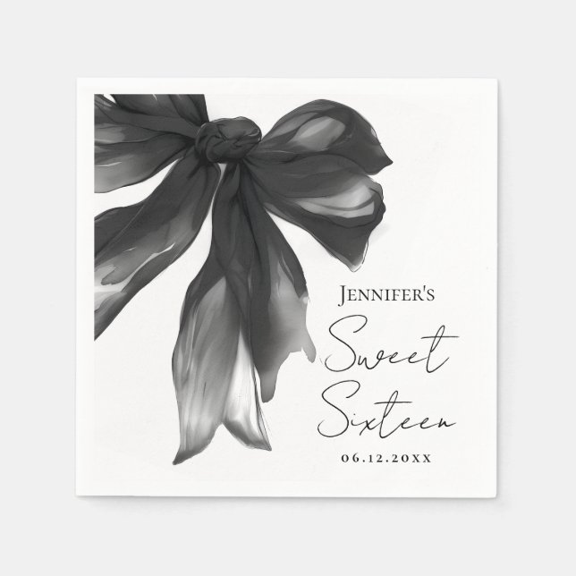Guardanapo De Papel Festa Black Bow Coquette Script Sweet 16 (Frente)