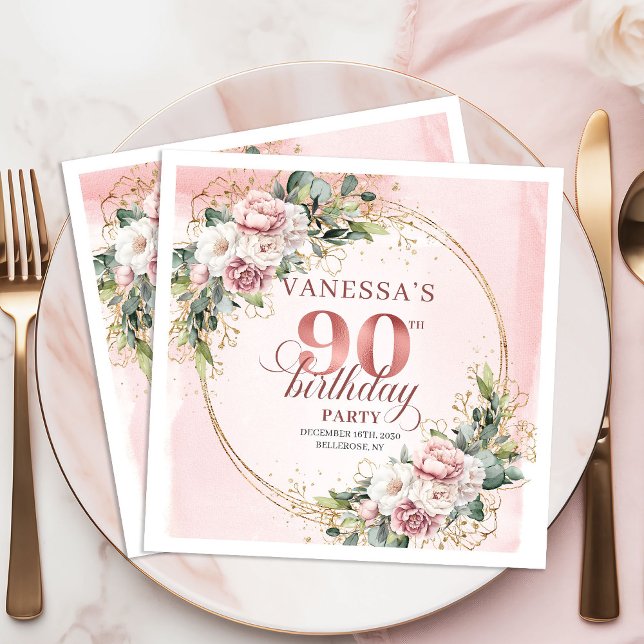 Guardanapo De Papel Festa de 90 Anos Rose Gold Boêmia de Folhagens  (Rose Gold Bohemian Greenery 90th Birthday Party Napkins)