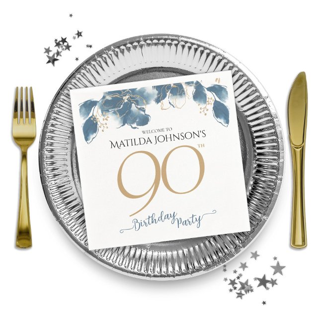 Guardanapo De Papel Festa de aniversário 90 Floral Personalizada Elega (Elegant Floral Custom 90th Birthday Party Napkins)