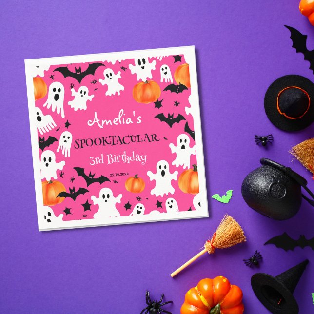 Guardanapo De Papel Festa de aniversário assustadora e assustadora do  (Pink Halloween party tableware personalized napkins birthday napkins cute ghosts bats pumpkins pink)