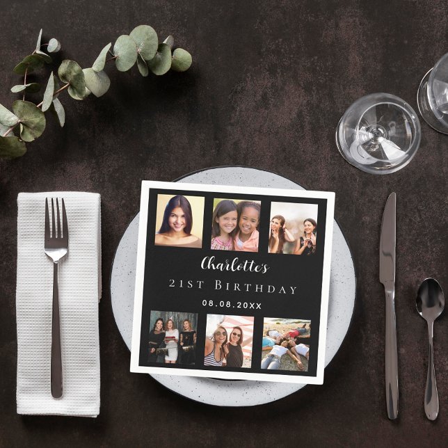 Guardanapo De Papel Festa de aniversário de colagem de fotos pretas (Criador carregado)