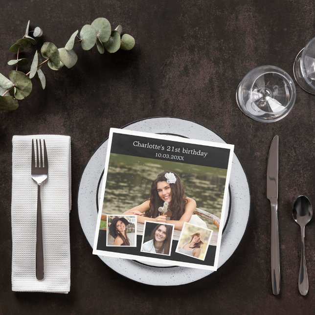 Guardanapo De Papel Festa de aniversário de colagem de fotos pretas (Criador carregado)