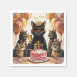 Guardanapo De Papel Festa de Aniversário de Gato Preto com Bolo Rosa e