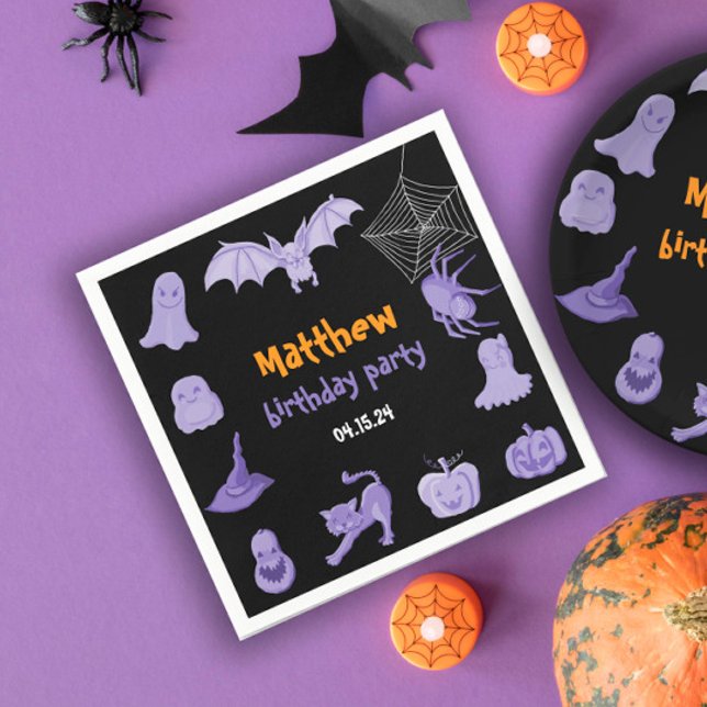Guardanapo De Papel Festa de aniversário de Halloween preto roxo (Purple black Halloween birthday party Napkin
)