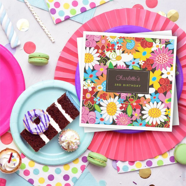 Guardanapo De Papel Festa de aniversário de Jardim das Flores de prima (Colorful Whimsical Spring Flowers Garden Girl's Birthday Party Paper Napkins @ fat_fa_tin)