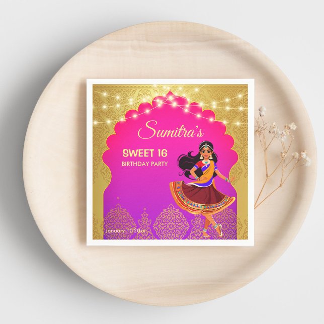 Guardanapo De Papel Festa de aniversario de meninas de Bollywood (Indian Bollywood girls birthday party template printed Napkins cute cartoon pink and gold party )