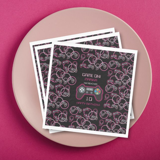 Guardanapo De Papel Festa de aniversario de meninas Neon Pink do Jogo  (Video Game Neon Pink Girls Birthday Party Napkins)