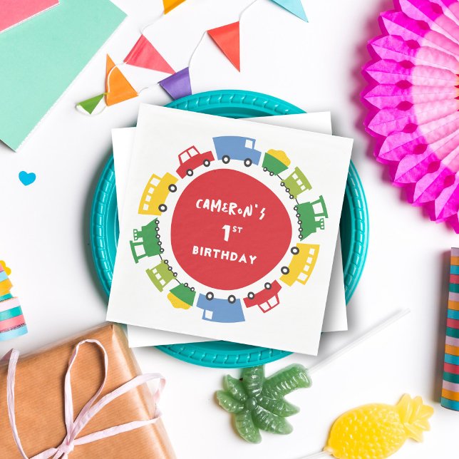 Guardanapo De Papel Festa de aniversário de transporte de diversão col (Boys Toys Colorful Fun Transport Kid's Birthday Party Paper Napkins @ zazzle.com/fatfatin_mini_me)