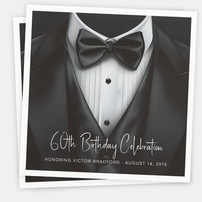 Guardanapo De Papel Festa de aniversário de Tuxedo branco preto (Mens black white tuxedo birthday party and event napkins. Add your details to personalize.)