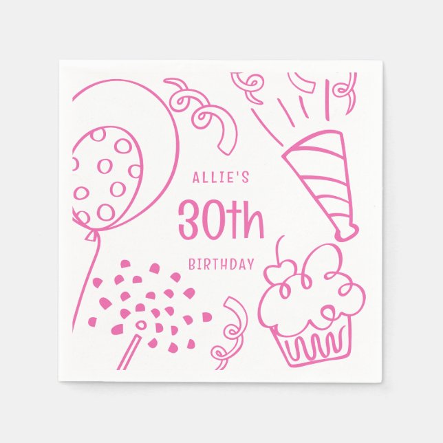 Guardanapo De Papel Festa de aniversário Desenhada À Mão Qualquer Rosa (Frente)