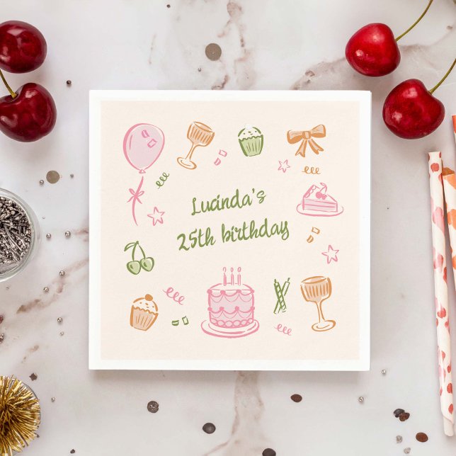 Guardanapo De Papel Festa de aniversário Desenhada Da Mão Do Rabo Whim (colourful, whimsical, hand-drawn birthday icon doodles paper napkin)