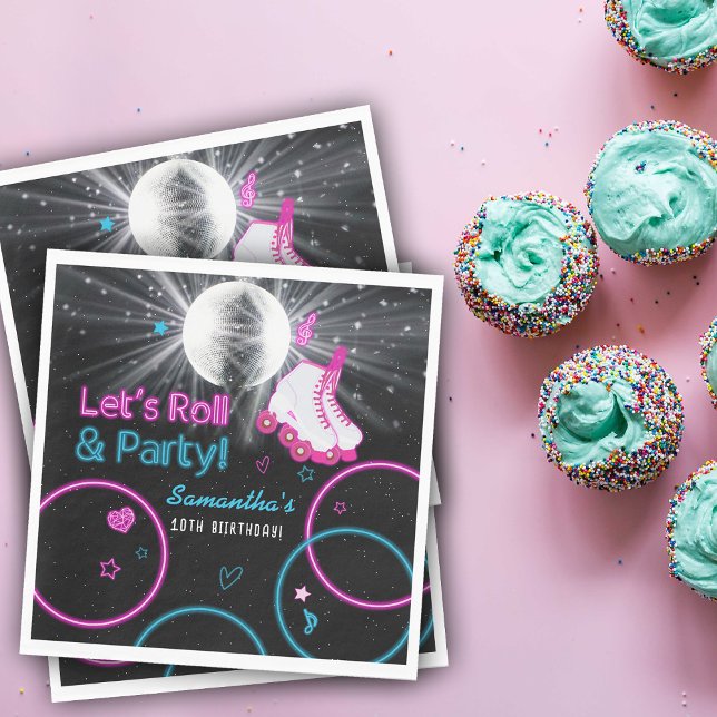 Guardanapo De Papel Festa de aniversário do cilindro de guiamento do n (Neon Glow Roller Skating Let's Roll Birthday Party Napkins)