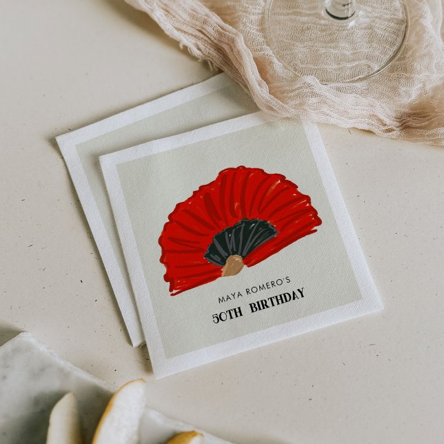 Guardanapo De Papel festa de aniversário do ventilador 50º Flamenco (Red and black flamenco fan 50th birthday party paper napkins.)