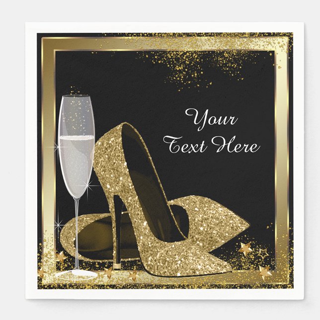 Guardanapo De Papel Festa de aniversário Dourada de alto salto (Add your text to personalize these pretty black and gold high heel napkins.)