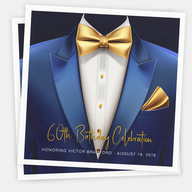 Guardanapo De Papel Festa de aniversário Dourada de Tuxedo (Mens blue and gold birthday party napkins with tuxedo design. Add your text, logo, photo, etc.)