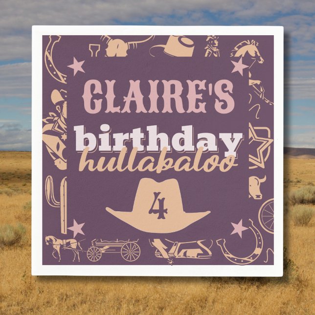 Guardanapo De Papel Festa de "Aniversário Hullabaloo" Ocidental (western cowgirl birthday hullabaloo birthday napkins purple pink orange custom name and age)