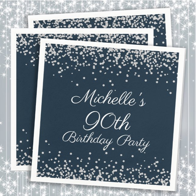 Guardanapo De Papel Festa de aniversário marinho 90   Silver Glitter (Navy blue and silver glitter 90th birthday party paper napkins)