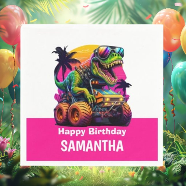 Guardanapo De Papel Festa de aniversário PINK Dino-Mite MONSTER TRUCK (Throw an unforgettable birthday bash with our PINK Dino-Mite MONSTER TRUCK napkins! )