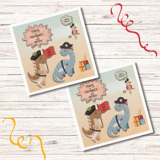 Guardanapo De Papel Festa de aniversário Pirata De Dinossauro, Twin Bo (Your twin boys will love this Dino Pirate birthday party theme with TRex & Brontosaurus as Pirates!)