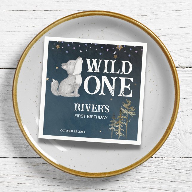 Guardanapo De Papel Festa de aniversário selvagem de um lobo pequeno (Little wolf pup wild one birthday party personalized napkins wolf themed birthday party supplies)