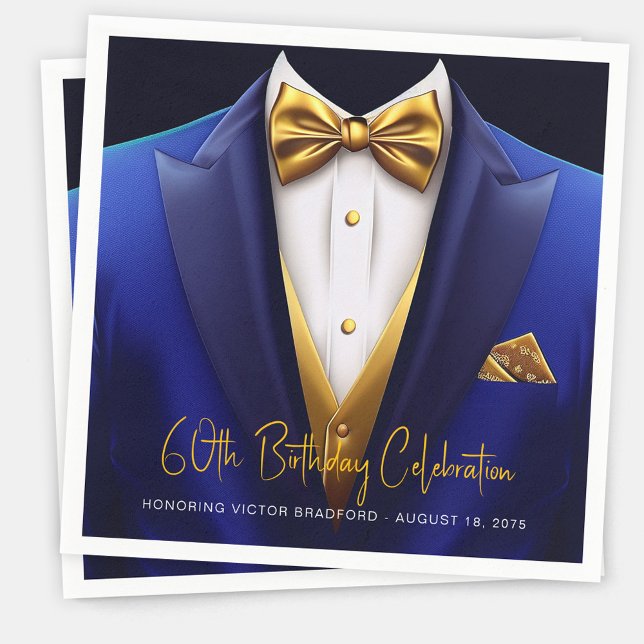 Guardanapo De Papel Festa de Aniversário Smoking Azul Royal Dourado Ma (Mens royal blue gold birthday party napkins and any occasion or event. Simply add your details.)