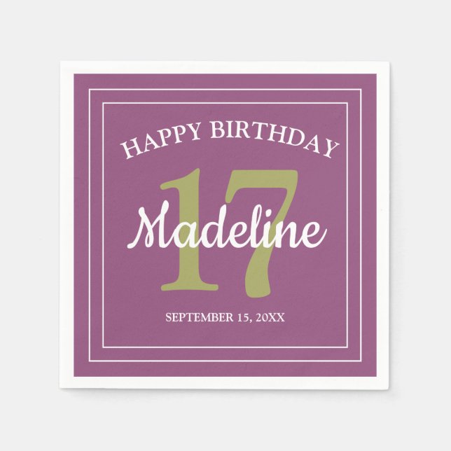 Guardanapo De Papel Festa de aniversário verde roxa 17 ou qualquer ida (Frente)