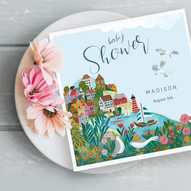 Guardanapo De Papel Festa de baby shower de menino à beira-mar (It takes a village boy baby shower party napkins)