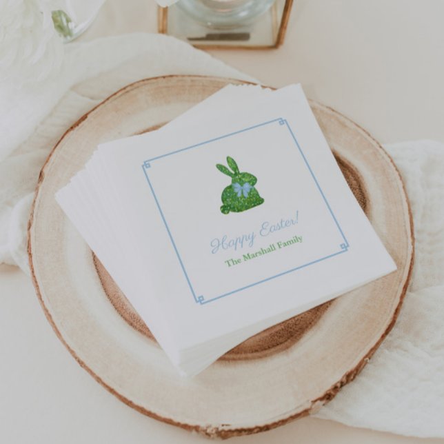 Guardanapo De Papel Festa de Brunrbit Verde Inteligente e Páscoa Azul (Preppy boxwood topiary bunny with blue bow napkins for Easter or boy baby shower brunch party)