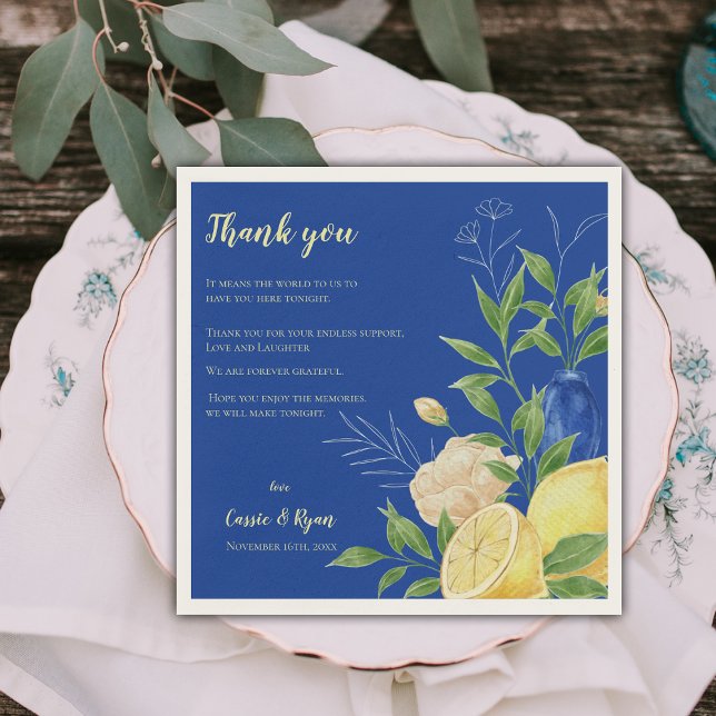 Guardanapo De Papel Festa de casamento Blue Floral Lemon - Obrigado Me (Blue Floral Lemon Wedding Party Thank You Message Napkins)