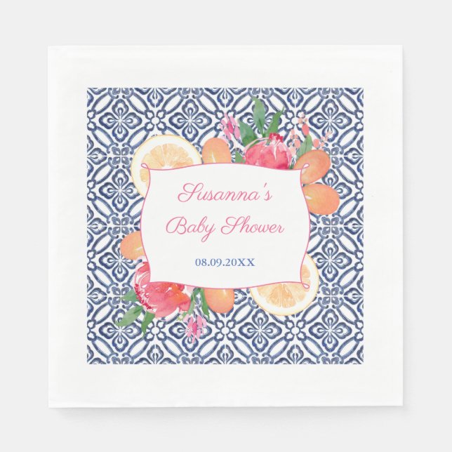 Guardanapo De Papel Festa de Chá de Bebê com Azulejos Mediterrâneos Az (Frente)