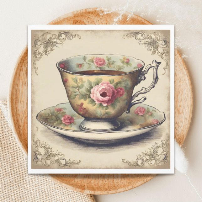 Guardanapo De Papel Festa de Chá de Chávena Antiga Floral para Noiva (Vintage TeaCup Floral Bridal Shower Tea Party Napkins)