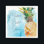 Guardanapo De Papel Festa de Chá de Noiva de Abacaxi Tropical Vibrante<br><div class="desc">Este guardanapo de papel para chá de noiva moderno apresenta uma ilustração de aquarela deslumbrante de um abacaxi em um belo fundo de aquarela azul. A tipografia é clássica, mas moderna. Este é o design perfeito de chá de noiva para noivas que estão tendo um casamento temático de praia tropical...</div>