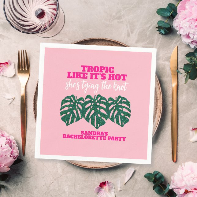 Guardanapo De Papel Festa de Despedida de Solteira Tropical Rosa Brilh (Tropical Pink Glitter Monstera Bachelorette Party Napkins)