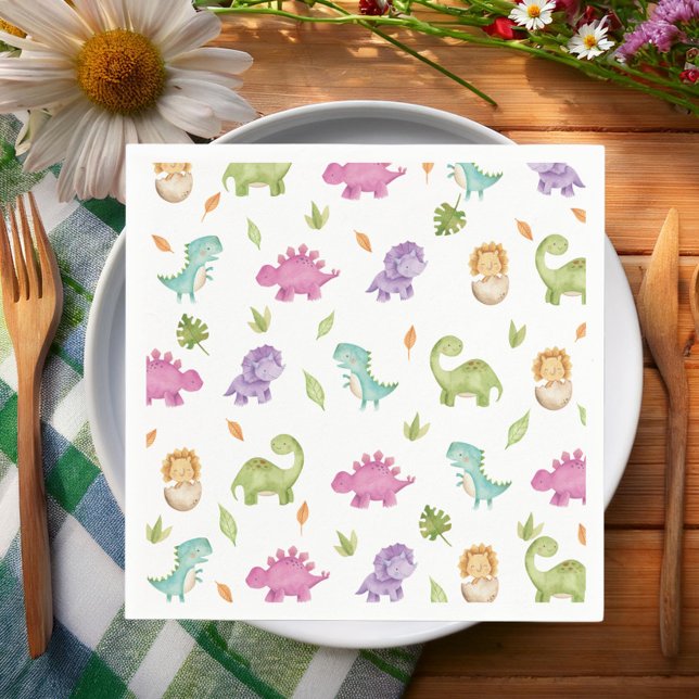 Guardanapo De Papel Festa de Dinossauros Bonitos T-Rex Brontosaurus (cute friendly dinosaurs girl birthday party paper napkins serviettes colorful pink purple green)