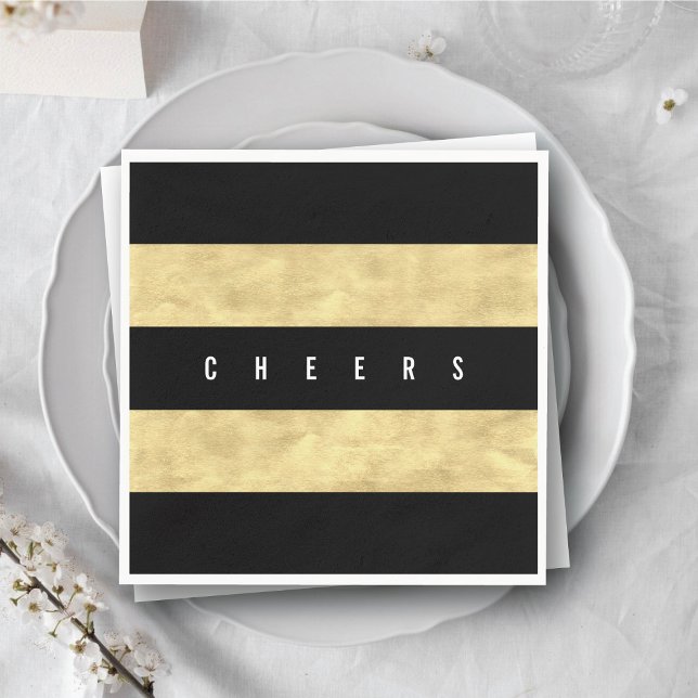 Guardanapo De Papel Festa de Feriado Chic Gold Foil Black Stripes (Cheers Chic Gold Foil Black Stripes Holiday Party Paper Napkins @ fat_fa_tin)