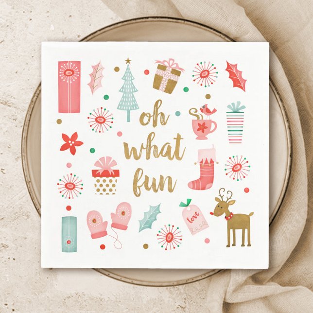 Guardanapo De Papel Festa de Férias de Natal (A cute and festive Christmas party napkin with watercolor illustrations and the words, oh what fun)